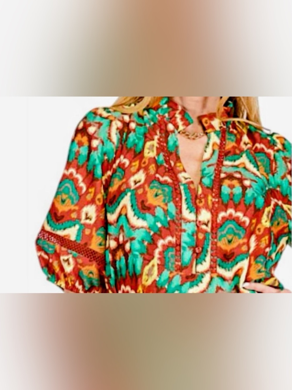 Joy Joy Rust, Teal & Gold Boho Print Mini Dress with Ruffle Hem and Lace Trim - Picture 9 of 14